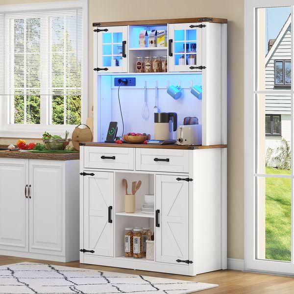 Barschrank mit LED-Beleuchtung und Steckdosen, großer Küchen-Buffetschrank mit 2 großen Schubladen, Scheunentor-Design, verstellbaren Einlegeböden, rustikaler Kaffeebar-Sideboard-Tisch, weiß