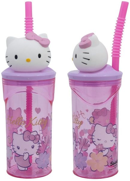 Hello Kitty Kinderbecher Hello Kitty 3D Figuren Kopf Kinder Becher Trinkbecher mit Halm 360 ml, BPA-Frei