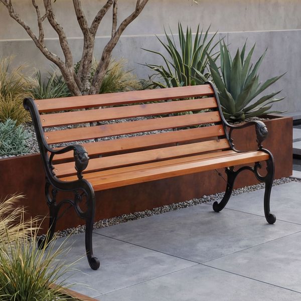 Gartenbank HWC-O25, Sitzbank Parkbank Holzbank 2-Sitzer, Gusseisen Holz Kiefer, 132cm ~ teak