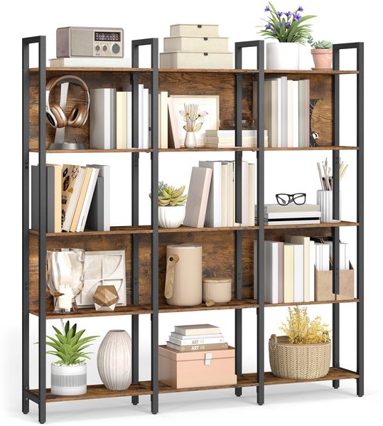 VASAGLE Bücherregal, Küchenregal, Standregal mit 5 offenen Regalebenen, Flur, Küche, Büro, stabiles Stahlgestell, Industrie-Design, 24 x 128 x 154,1 cm, vintagebraun-tintenschwarz