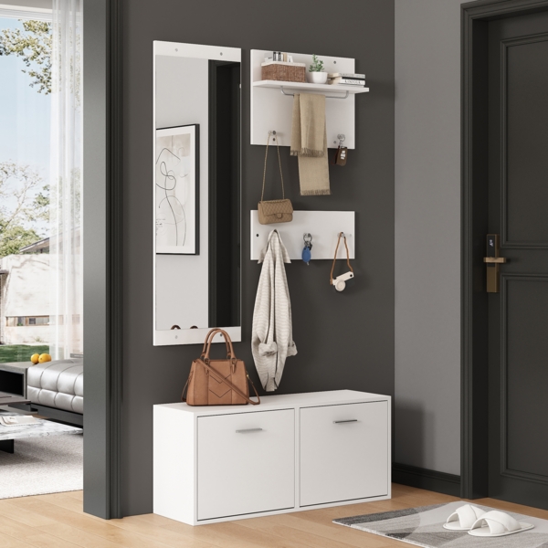 Merax Garderoben-Set 4-teilig mit Spiegel, 2 Hutablage und Schuhschrank. Flur Garderobenständer Kleiderständer Set, Flurgarderoben Set, Kompaktgarderobe mit 6 Kleiderhaken, Weiß