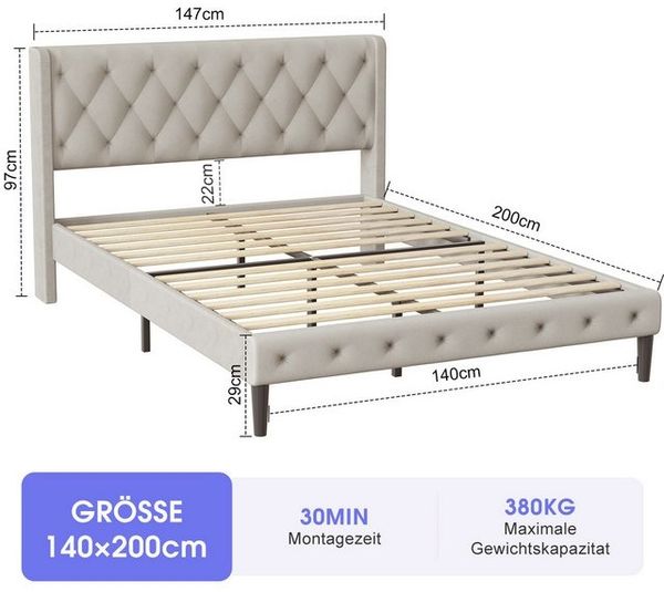 Lexzurn Polsterbett Polsterbett 140x200 cm Bett mit Lattenrost (Doppelbett mit gepolstertem Kopfteil, Einfache Montage, Robustes Gestell und Hochwertiger Leinenstoff), wählen Sie Größe und Farbe! Kostenlose Lieferung! Bild 4
