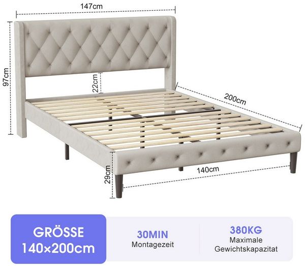 Lexzurn Polsterbett Polsterbett 140x200 cm Bett mit Lattenrost (Doppelbett mit gepolstertem Kopfteil, Einfache Montage, Robustes Gestell und Hochwertiger Leinenstoff), wählen Sie Größe und Farbe! Kostenlose Lieferung! Bild 2