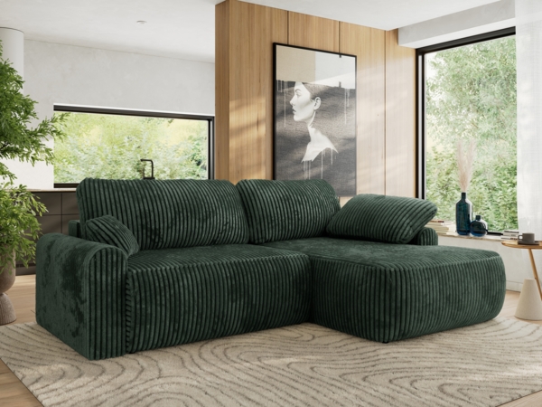 Ecksofa, L-förmiges, lose Kissen, DL-Schlaffunktion, (H 100 x T 187 x B 273 cm) - CUBO L - Cord Grün - rechte Seite