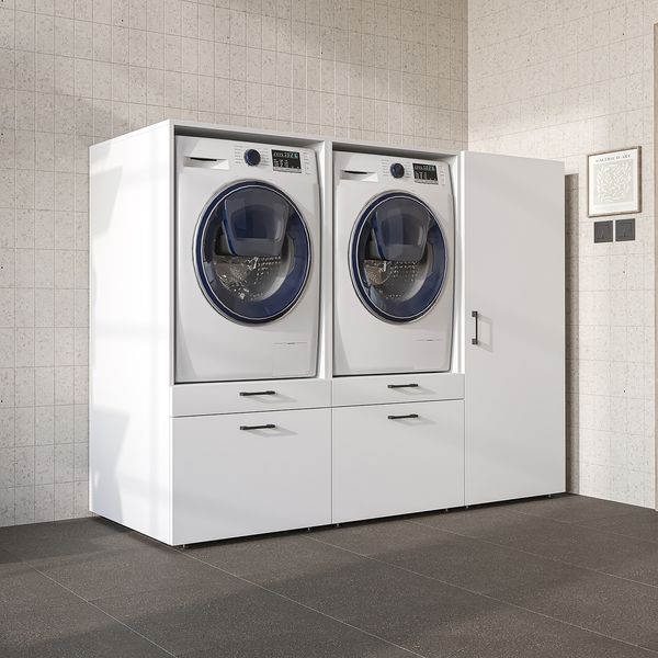 Roomart Schrankwand für Hauswirtschaftsraum & Waschküche – SERIE 2 - 194 cm breit, mit Schubladen & Ausziehbrett, Waschmaschinenschrank, Weiß / Schwarz-Eiche • Weiß