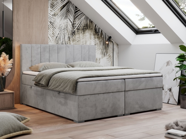 Boxspringbett, Matratze und Topper, zwei Bettkästen - LOPE - 200x200cm - Hellgrau Velours - H3