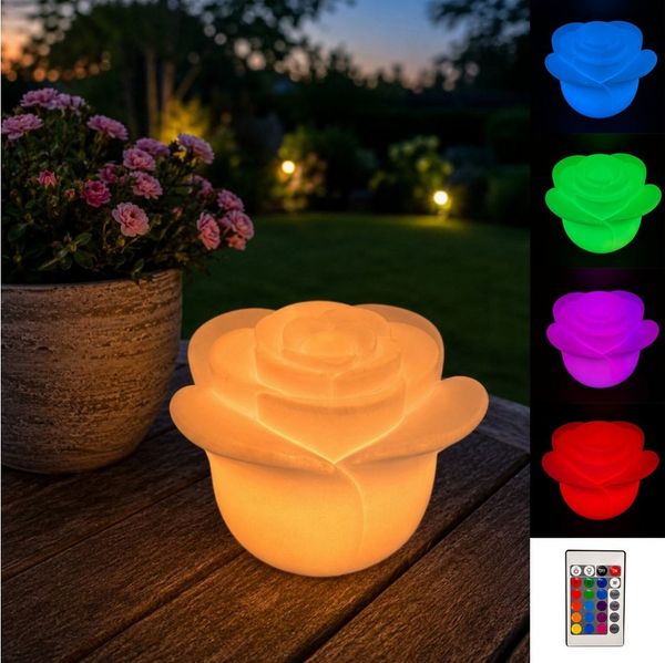 Online-Fuchs LED Solarleuchte große Rosenblüte für außen - Deko für Garten, Terrasse & Balkon, 4 verschiedene Leuchtmodi wählbar, 16 Farben über die Fernbedienung verfügbar, Blumen Solarlampen für outdoor - wetterfest