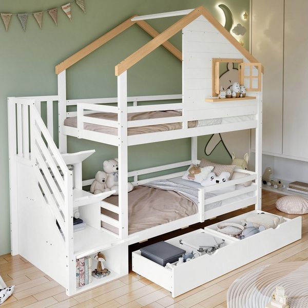 Flieks Etagenbett, Kinderbett Hausbett 90x200cm mit 2 Schubladen, Fenster, Rausfallschutz
