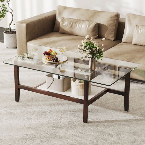 COSTWAY Couchtisch, aus Glas, Beistelltisch mit Ablage, rechteckig,107x60x42cm
