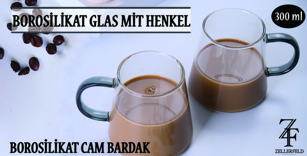 2er Set Borosilikat Glas mit Henkel 300 ml Cam Bardagi für Kaffee & Tee transparent