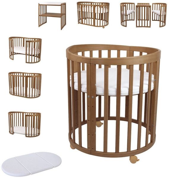 Waldin Babybett Mobiles Babybett OWAL aus Holz 7in1 mit Matratze, mitwachsend