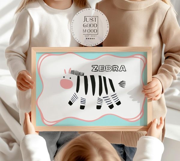 Poster Kinderzimmer Zebra · Tierposter mit schwarz-weißem Zebra im Skandi-Stil · Bunte Wanddeko für Kinder & Babys · Deko ohne Rahmen - 60x90cm