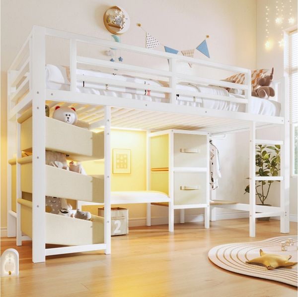 SOFTWEARY Hochbett LED-Beleuchtung und Stauraum (90x200 cm, mit Lattenrost, Schubladen, Leiter, Kleiderstange, Sitzbank) Kinderbett mit Rausfallschutz, Metallbett