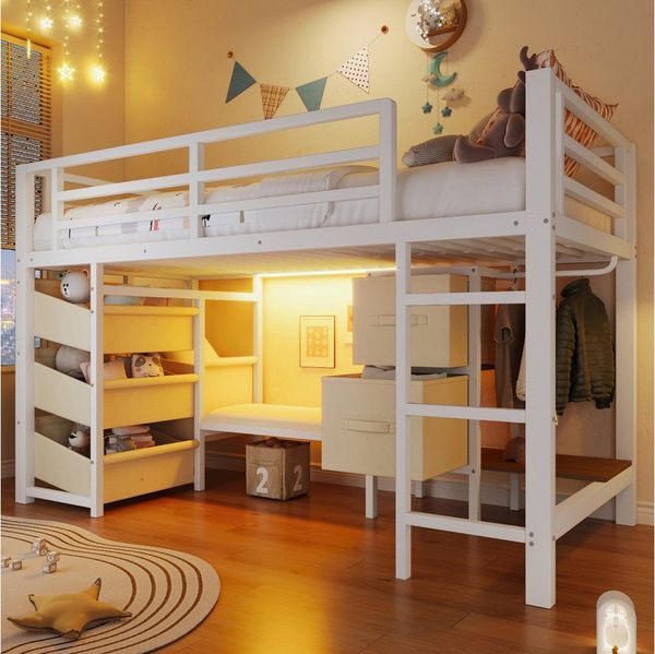SOFTWEARY Hochbett LED-Beleuchtung und Stauraum (90x200 cm, mit Lattenrost, Schubladen, Leiter, Kleiderstange, Sitzbank) Kinderbett mit Rausfallschutz, Metallbett