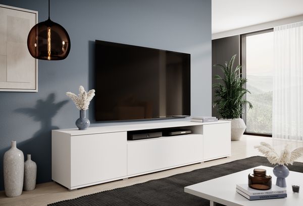 TV-Schrank 200 cm, Fernsehschrank, TV-Schrank, Weiß Matt, Push-to-Open System, modernes Design, Masimo, 42 x 40 x 200 cm