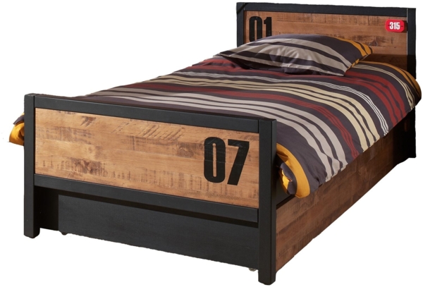 Einzelbett Kameko 209x97x75 Massivholz+MDF Schwarz/Natur