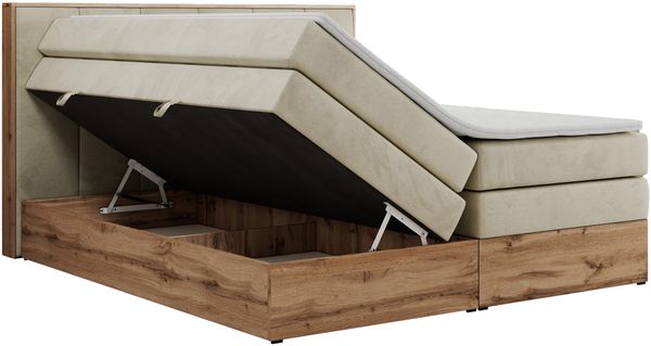 Boxspringbett, Doppelbett mit zwei 7 Härtezonen Multipocket-Matratzen, Bettkästen, Eiche Wotan Holzrahmen, Polsterbett mit Topper-Matratze - ALBERO 1 KING - 180 x 200 cm - Beige Velours - H3 Bild 5