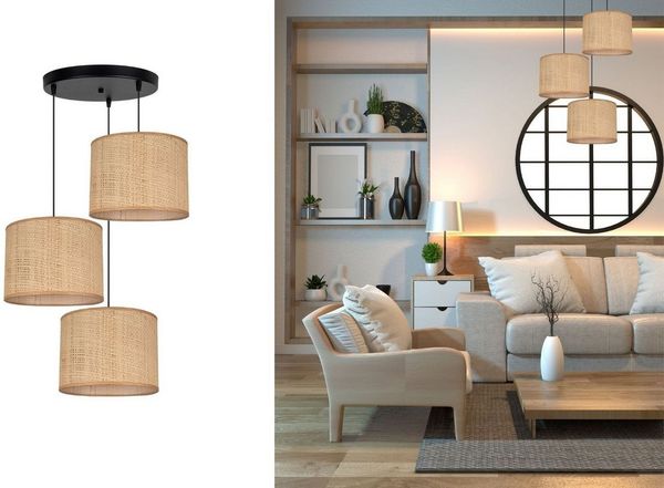 Licht-Erlebnisse Pendelleuchte GIDOX, ohne Leuchtmittel, Metall Rattan E27 45 cm breit H: max. 90 cm Schwarz Braun 3-flammig