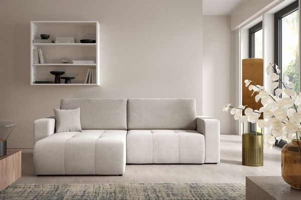 Ecksofa Sofa mit Schlaffunktion AUGUSTO in Stoff Wind Hellgrau Ottomane Links