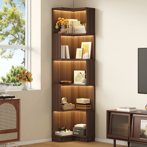Flieks Eckregal mit LED 63.5×45×175 cm, Eckbücherregal 5 Ebenen, Bücherregal Ecke mit App-Steuerung, Standregal modern, Braun