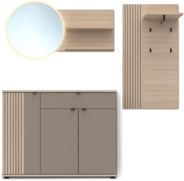 PISA Garderoben-Kombination Set mit LED-Beleuchtung – FSC-Zertifiziert – Modernes Flurmöbel-Set bestehend aus Schuhschrank, Garderobenpaneel & Spiegel – 218 x 199 x 38 cm (B/H/T)