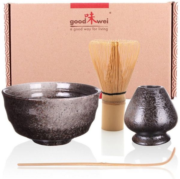 Goodwei Teeservice Matcha-Set "Goma" mit Teeschale, Matchabesen und Besenhalter (4-tlg), 1 Personen, Keramik, handgearbeitet