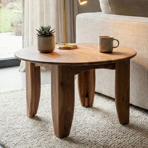 FINEBUY Couchtisch FB113601 Wohnzimmertisch 60cm Massivholz Loungetisch Sofatisch Rund (Natürliche Holzoptik mit warmer Ausstrahlung), Massive Verarbeitung und ausdrucksstarke Maserung