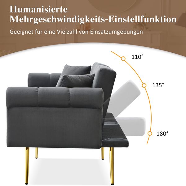 Schlafcouch Samt 2-Sitzer verstellbar, Sofa mit geteilter Rückenlehne & 3 Stufen, zum Gästebett,Grau Bild 7