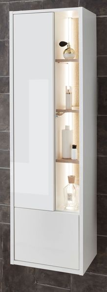 Badezimmer Hochschrank Glide in weiß Hochglanz und Eiche inkl. LED