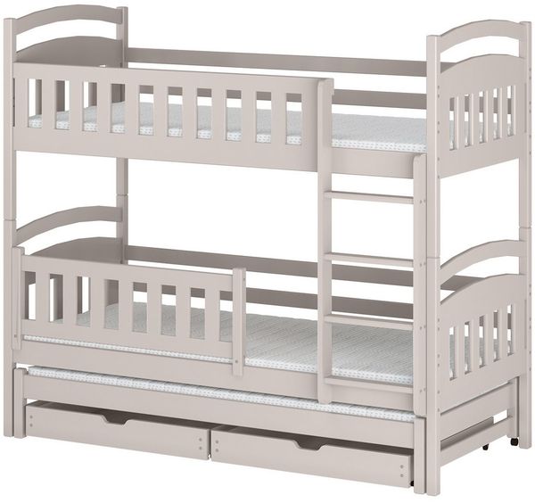 Deine Möbel 24 Etagenbett Hochbett Kinderbett MIA für 3 Kinder 90x200 Grau Kiefer Natur (Set Komplettbett für 3 Personen, 3-St, Matratzen optional, aus Masssivholz Vollholz Kiefernholz), Rausfallschutz unten abnehmbar, inkl. Lattenrost