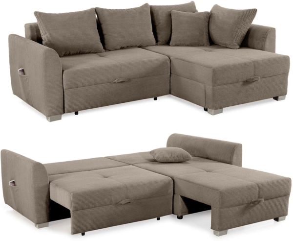 Ecksofa L-Form Couch Polsterecke Schlaffunktion Bettkasten in Cord Braun Taupe