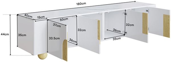 TV-Schrank 180x40x44 cm mit 4 Türen – TV-Lowboard in Weiß mit Holzmaserung und Marmoroptik Bild 8