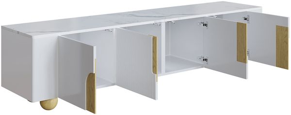 TV-Schrank 180x40x44 cm mit 4 Türen – TV-Lowboard in Weiß mit Holzmaserung und Marmoroptik Bild 7