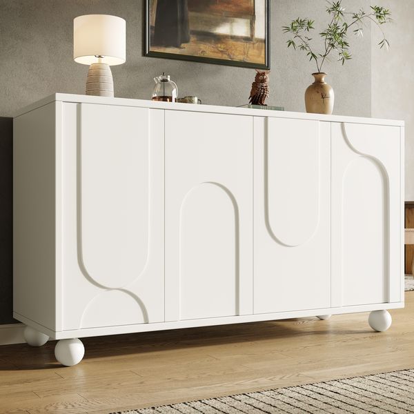 Sideboard 120 x 35 x 71 cm in Weiß mit Musterfront, MDF und Kiefernholzbeinen, verstellbarer Einlegeboden