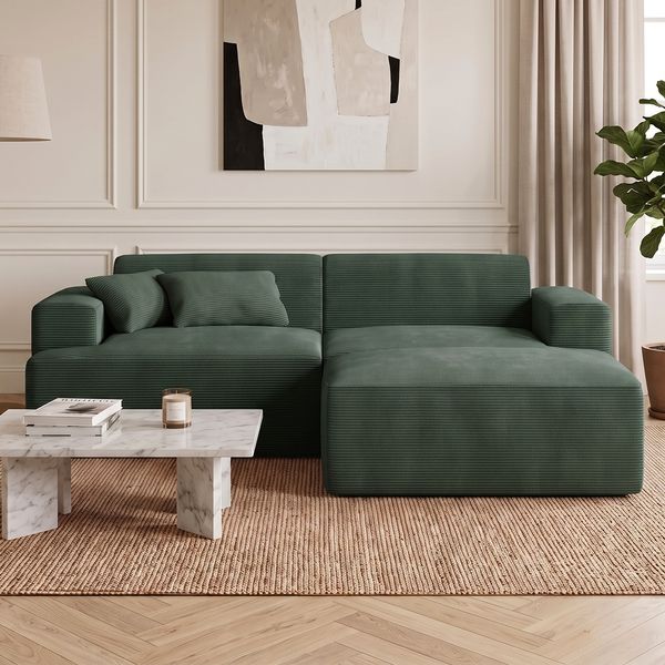 skølm 'Freki' Cloud Sofa 2 Sitzer mit Hocker, Vollschaumcouch mit Federkern und Vakuum-Kompression, kein Aufbau erforderlich, mit 2 Kissen, Cord dunkelgrün