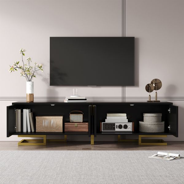 TV-Schrank 160x38x44,5 cm in Schwarz mit strukturierten Türen, goldenen Griffen und verstellbaren Füßen