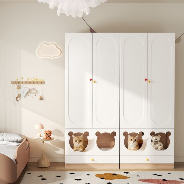 Merax 200cm Kinderkleiderschrank, Kombinationskleiderschrank 2-teilig, mit Bügelstange, mit Katzenbett, Lackierte Platten + Spanplatte, Keramikgriffen, Weiß + Naturholzfarbe