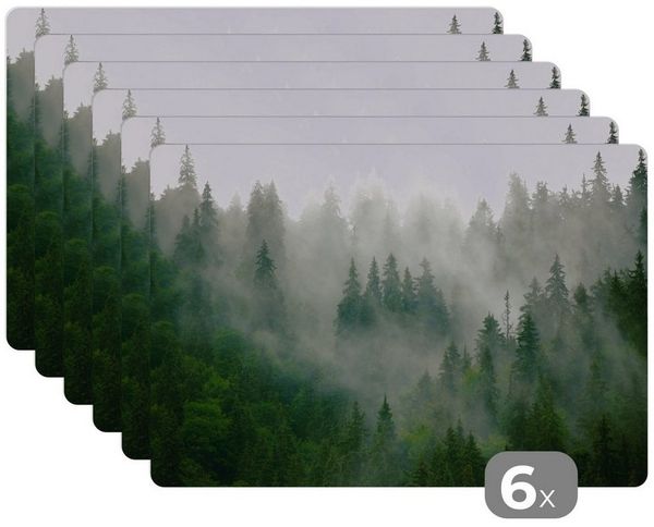 MuchoWow Platzset Wald - Nebel - Bäume - Natur, (6-St), Platzsets, Tischset, Abwaschbar, Tischsets, Platzdeckchen