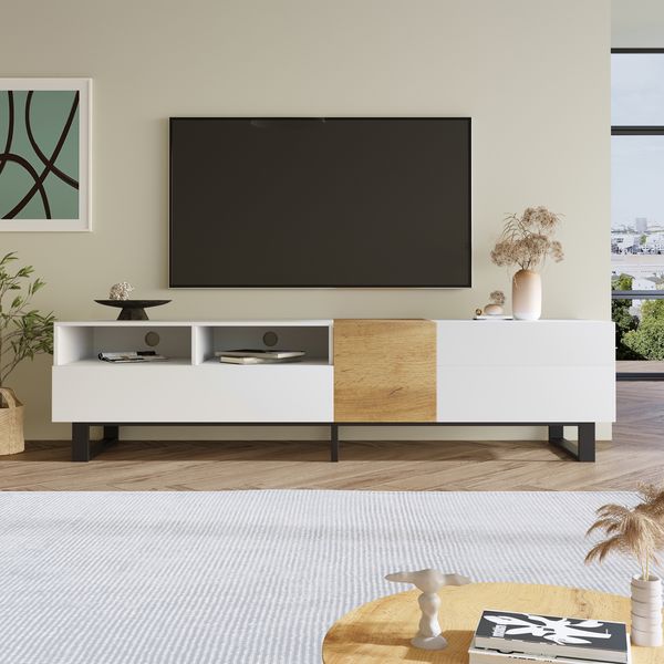 Moderner TV-Ständer mit weißer Holzmaserung, Maße 180 x 50 x 38 cm, im minimalistischen Design.