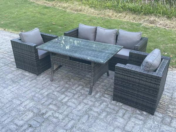 Fimous 5 Sitzer Polyrattan Gartenmöbel-Set Terrassen Sessel und Rechteckiger Esstisch Set Dunkelgrau gemischt