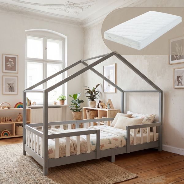 en.casa 'Treviolo' Hausbett 90x200 cm, grau/weiß, Kiefernholz, mit Matratze, Lattenrost und Rausfallschutz