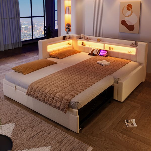 Merax Einzelbett, Polsterbett, Daybett, 90 x 200 cm (180 x 200 cm), Sofabett mit Ziehbett, Mit USB Typ-C Ladefunktion, LED-Beleuchtung, Leinen, Beige