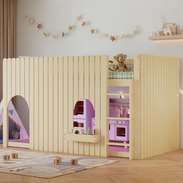 Merax Hochbett 90x200cm, Etagenbett, Kinderbett mit Zäune, mehrfarbige LED-Lichtleisten, dreistufige gerade Leiter, gewölbten Fenstern, kleines Ablagefach, Kiefer+MDF, Natur