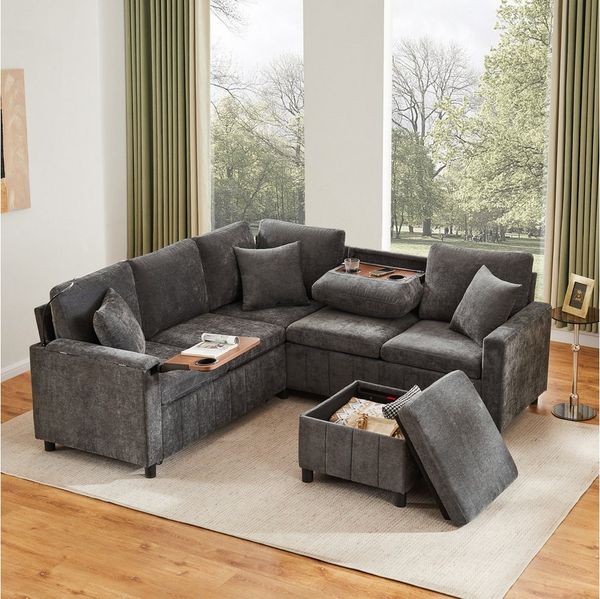 Flieks Ecksofa mit Schlaffunktion, Leselampe, USB&Type-C, und verstecktem Couchtisch, klappbare Rückenlehne mit Getränkehaltern, 5- Sitzer Ausziehsofa inkl. Hocker mit Stauraum, Chenille Grau