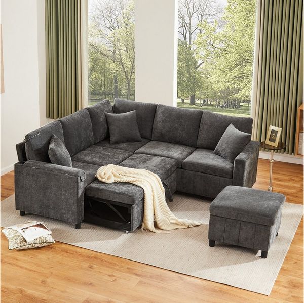 Flieks Ecksofa mit Schlaffunktion, Leselampe, USB&Type-C, und verstecktem Couchtisch, klappbare Rückenlehne mit Getränkehaltern, 5- Sitzer Ausziehsofa inkl. Hocker mit Stauraum, Chenille Grau