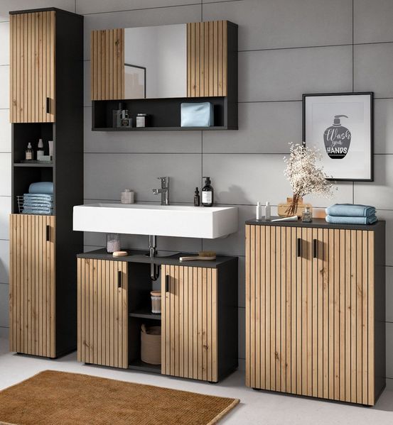 Inn. Furn Badmöbel-Set Livia, (Badezimmer in Eiche Artisan mit Rillen, Komplett-Set 4-teilig, Breite 200 cm), mit 17 Fächern