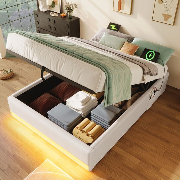 Polsterbett, 90*200cm , LED-Leiste,Mit USB und Typ-C, Mit kleinen Aufbewahrungstaschen, Kein Kopfteil-Design, Hydraulische Speicherfunktion, Keine Matratze, Beige