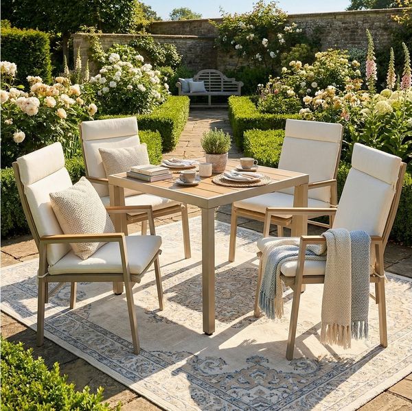 Merax Gartenlounge-Set für 4 Personen, Garten-Essgruppe Gartenmöbel-Set mit Tisch & 4 Stühlen, (Wetterfestes Loungegruppe, 5-tlg), Textilene Sitzfläche & WPC Tischplatte in Holzoptik