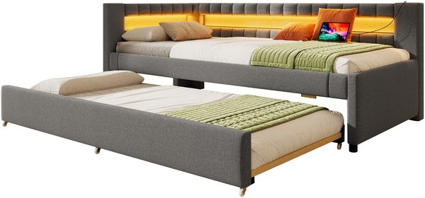Daybett, Tagesbett, Schlafsofa, 90*200cm , Bett mit LED-Fernbedienungslichtleiste am Bettende, Bett mit Ausziehbett ohne Matratze, USB + TYPE-C, Leinen, Grau Bild 8