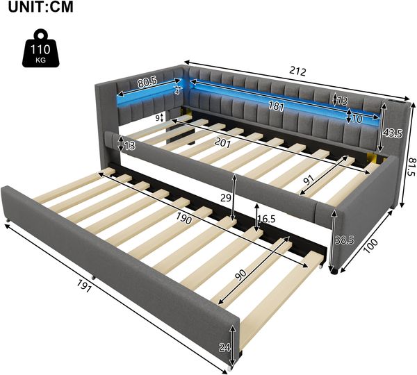 Daybett, Tagesbett, Schlafsofa, 90*200cm , Bett mit LED-Fernbedienungslichtleiste am Bettende, Bett mit Ausziehbett ohne Matratze, USB + TYPE-C, Leinen, Grau Bild 9